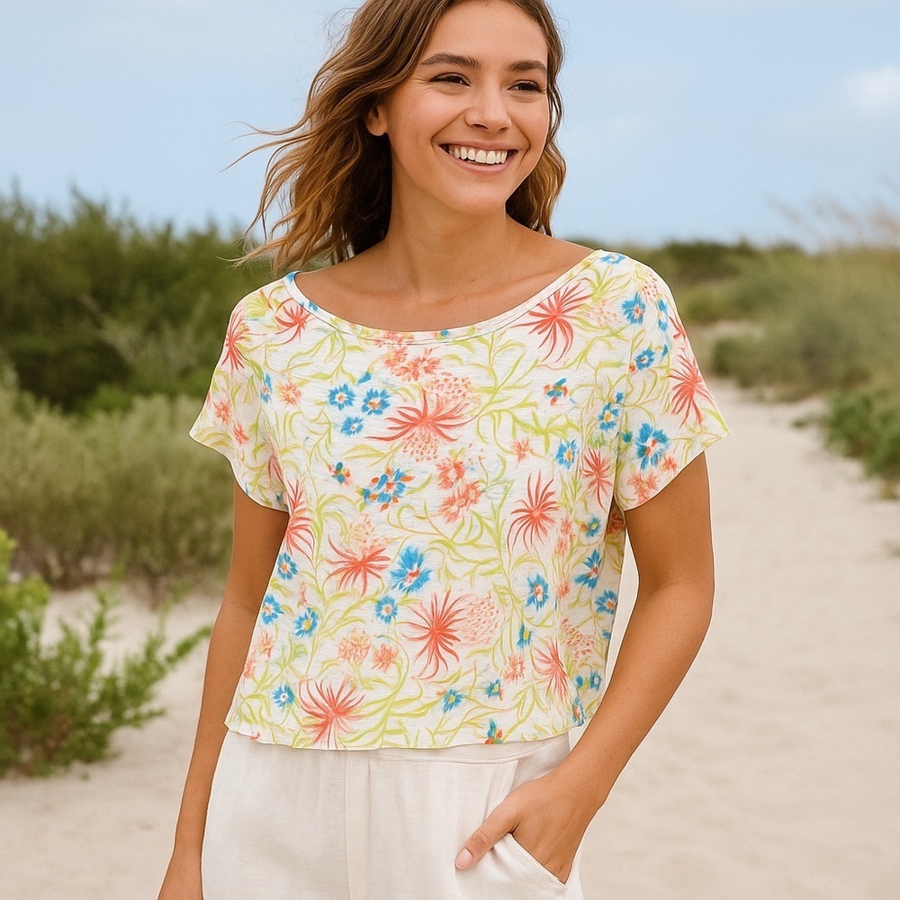 Joie Womens Linen Floral Scoop Neck Oversized Boxy Loose Fit Blouse Top Size S